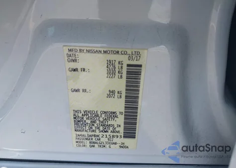 2017 Nissan Altima 2.5 S z USA, uszkodzony, nr VIN 1N4AL3AP8HC215893